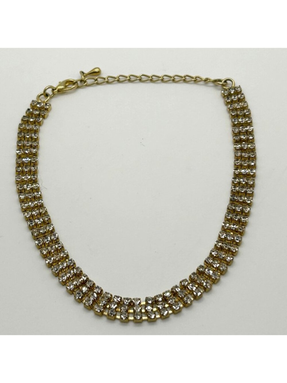 Vintage Gold Three-Row Rhinestone Choker Necklace Lobster Clasp Crystal Bridal